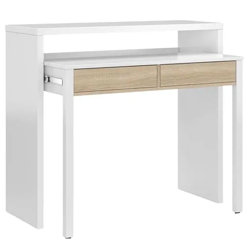 Ausziehbarer Konsolenschreibtisch mit Schubladen - Schreibtisch aus Eiche mit zwei Schubladen, ideal für kleine Räume. Ausziehbar bis 66 cm, praktisch für Home Office und bietet eleganten Stauraum.