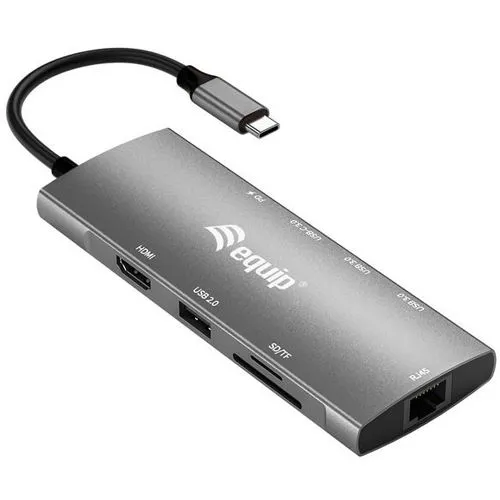 Equip 133490 USB-C 9-in-1-Multifunktionsadapter - Weiteres Notebook-Zubehör mit HDMI 4K/60Hz, Gigabit LAN und 100W USB PD für optimale Leistung und Vielseitigkeit.