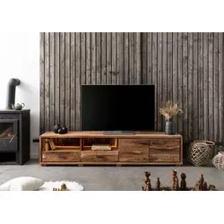 Massivmoebel24 TV-Board aus Akazie mit LED-Beleuchtung - Lowboard aus lackierter Akazie 220x40x47 cm, bietet rustikalen Charme mit echter Baumrinde und integrierter LED-Beleuchtung sowie praktischen Stauraum für Geräte.