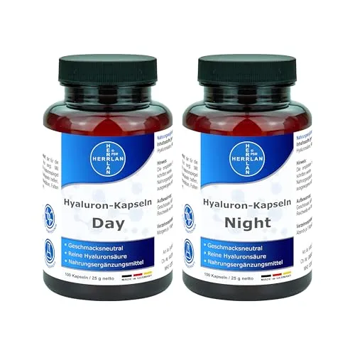 Hyaluron-Kapseln Day & Night [je 100 Kapseln] - reine Hyaluronsäure ohne Zusätze 250 mg Hyaluron je Kapsel | HERRLAN-Qualität I Made in Germany