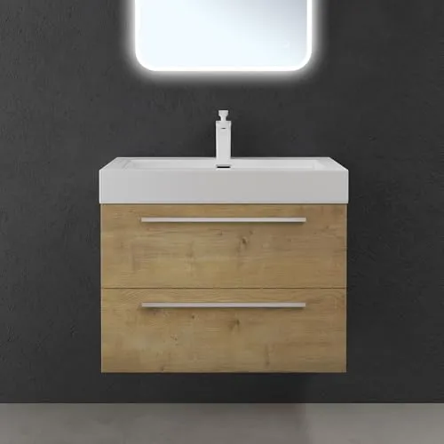 doporro Badmöbel-Set mit Soft-Close - Komplettprogramm für Badezimmer: Elegantes Badmöbel-Set mit wandhängendem Unterschrank in Kerneiche und hochwertigem Mineralguss-Waschbecken. Soft-Close Schubladen bieten viel Stauraum für Hygieneartikel.