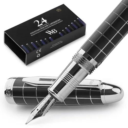 Wordsworth & Black Majesti Füllfederhalter (Chrom kariert), luxuriöses Etui, Chrom-Finish, 24 Iridium Tintenpatronen, mittlere Spitze, Geschenkset, nachfüllbarer Füllfederhalter für Männer und Frauen