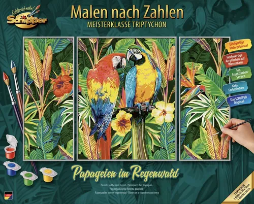 Schipper 609260853 Malen nach Zahlen - Papagaien im Regenwald - Malen nach Zahlen für Erwachsene, inklusive Pinsel und 42 Acrylfarben. Gestalten Sie ein wunderschönes Triptychon (50 x 80 cm) für Ihr Zuhause, ganz ohne Vorkenntnisse!