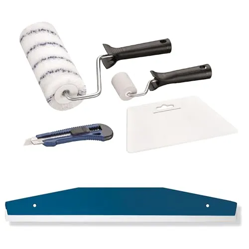 BODENMEISTER Tapezierset Vliestapete Tapezierwerkzeug Schneidehilfe, Kleisterroller, Nahtroller, Cutter, 5-teilig, blau