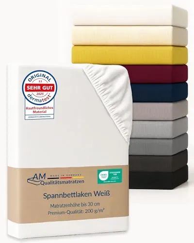 AM Qualitätsmatratzen Premium Spannbettlaken 100x210cm Baumwolle (200gsm) in Weiß - Made in Germany - Oeko TEX zertifiziertes Bettlaken 100x210 Baumwolle - Jersey Spannbetttuch - Fitted Sheets
