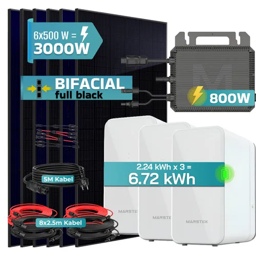 SUNNIVA® 3000W Balkonkraftwerk mit 6,72 kWh Speicher - Effizientes Balkonkraftwerk für den Heim- und Gartenbereich, ausgestattet mit 6 x 500W Solarmodulen. Ideal für nachhaltige Energieerzeugung und einfache Installation.