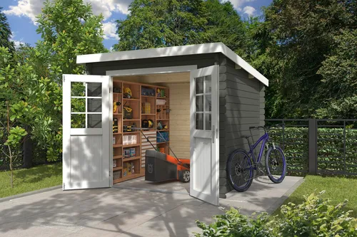 Gartenhaus Blockhaus Pultdach 28 mm Indi 175 grün - Gartenhaus aus Blockbohlen mit 28 mm Wandstärke und abschließbarer Doppeltür, perfekt für die Aufbewahrung und Gestaltung Ihres Gartens.