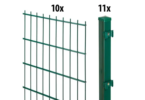 GARDEN 'N' MORE Doppelstabmattenzaun Standard, 20 m - Robuster Gartenzaun aus 10 Elementen und 11 Pfosten, ideal für sichere Einzäunungen. Dank der grünen Farbe fügt er sich harmonisch in jede Gartenlandschaft ein.