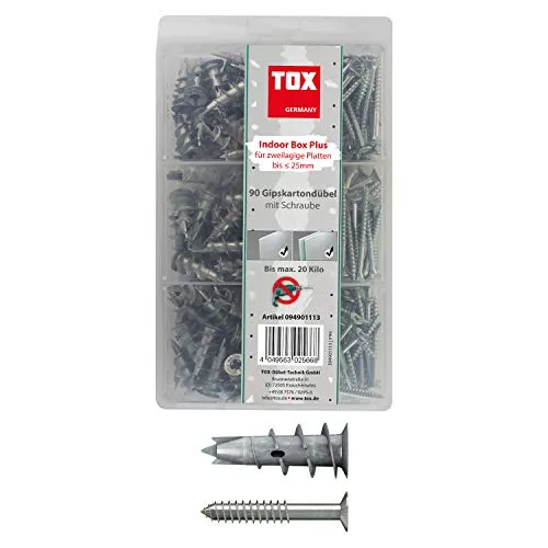 TOX Indoor Box Sortiment Gipskartondübel Spiral Plus 37-4 - Dübelset für ein- und zweilagige Gipskartonplatten, einfache Montage ohne Vorbohren, hohe Tragkraft von bis zu 20 kg, 180-tlg. im praktischen Sortimentskoffer.