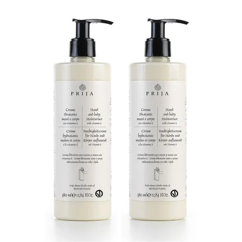 Prija Hands and Body Moisturiser 2 x 380ml - Körperlotion mit Vitamin E, bietet intensive Feuchtigkeit und schützt vor Hautalterung, hergestellt in Italien für ein authentisches Pflegeerlebnis.