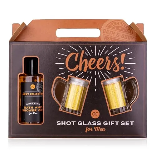 Produktbild Accentra Geschenkset MEN'S COLLECTION in Geschenkbox, inkl. 140ml Bade- & Duschgel, 2 x Shotglas in Bierkrugform (je 4cl), Duft: Birke & Zeder - braun