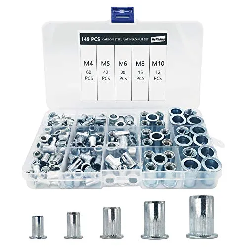 Stück Nietmuttern M4 M5 M6 M8 M10, Nietmuttern Set,Blindnietmuttern Set,Einnietmuttern für Nietmutternzange, Flachkopf Einziehmuttern, Gewindehülsen Gewindenieten für Metallplatten Rohre 149