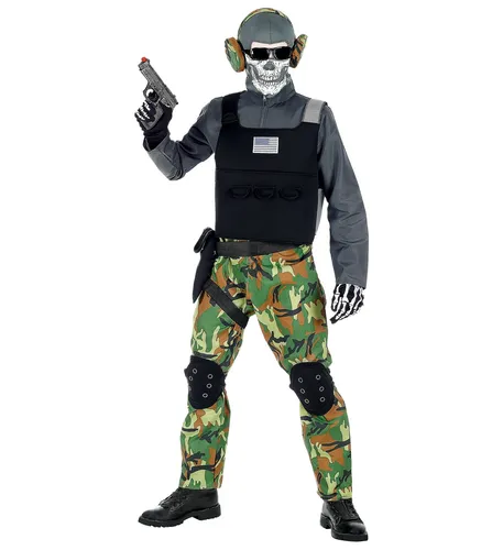 SKELETTSOLDAT Overall Weste Knieschoner Gürtel Holster Maske Brille Kopfhörer L