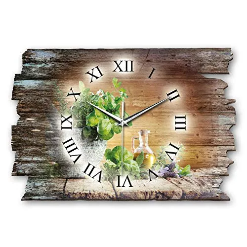 Kreative Feder Designer Wanduhr „Kräuter“ aus Holz 40x27cm im Shabby Style Design - Designeruhr mit flüsterleisem Uhrwerk ohne Ticken (Kräuter, leises Funkuhrwerk)
