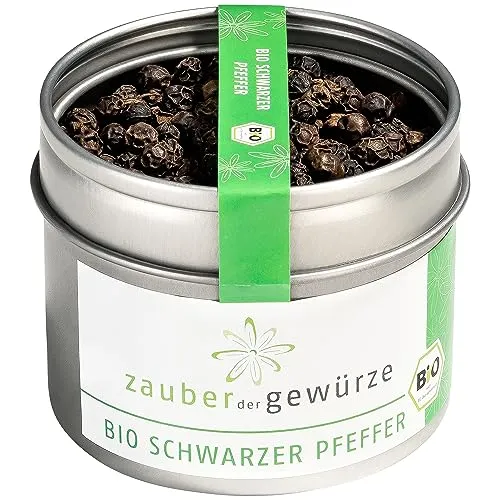 Zauber der Gewürze Schwarzer Pfeffer ganz Bio – Schwarze Pfefferkörner für die Pfeffermühle mit leichter Schärfe, ideal zum Verfeinern von Fleisch, Gemüse und Saucen, 55 g