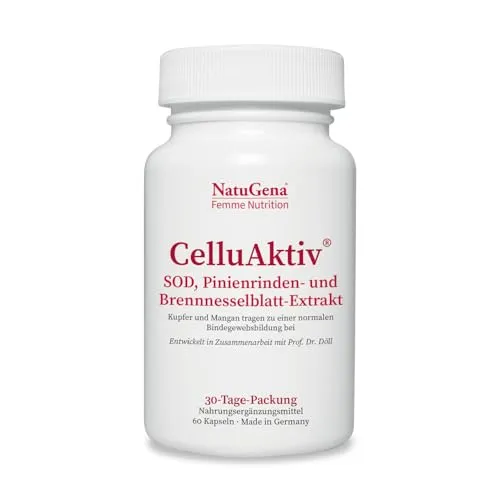 NatuGena CelluAktiv - 60 vegane Kapseln mit SOD und Pflanzenextrakten - Nahrungsergänzungsmittel zur Unterstützung von Bindegewebe und Haut, enthält Superoxiddismutase (SOD) sowie Guarana und Pinienrinde für antioxidativen Zellschutz.