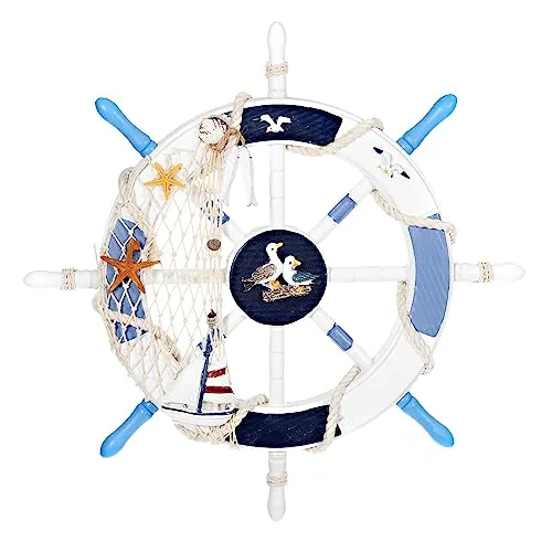Birendy Holzdeko Steuerrad in Blau Weiß mit maritimen Keramikapplikationen Durchmesser 45cm Perfekte Maritime Dekoration (7-Moewe-Segelschiff)