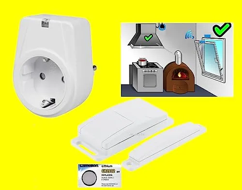 FUNK-ABLUFTSTEUERUNG High-Tech-Set Dunstabzugshaube Fensterk-Kontaktschalter - 1000W Power-Mini-Zwischenstecker +Magnet-Fenstersensor +Ersatzbatterie | EINSATZFERTIG ANGELERNT-EINFACHSTE INSTALLATION!