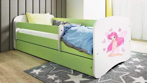 Raumhirsch Furniture Kinderbett Fee mit Schmetterlingen, Grün - Modernes Kinderbett (70x140 cm) mit abnehmbarer Schutzschiene und geräumiger Schublade für Ordnung. Inklusive bequemer Matratze, ideal für ein sicheres und gemütliches Kinderzimmer.