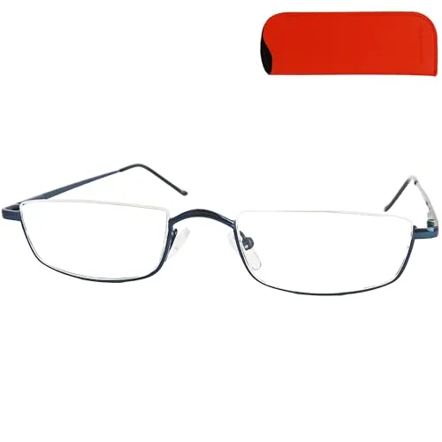 Mini Brille Metall Halbrand oben Lesebrille Halbbrille Rechteckig, Gratis Etui und Brillenputztuch, Edelstahl Rahmen (Blau) mit Federscharnier, Lesehilfe Damen und Herren +1.0 Dioptrien