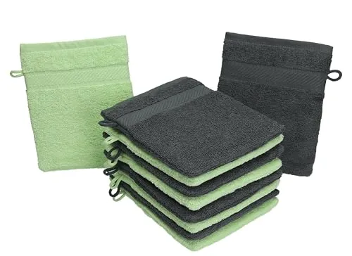 Betz Waschhandschuhe Palermo 10 Stück 16x21 cm – 100% Baumwolle 360g/m² – Weiche Frottee Waschlappen – Pflegeleicht & saugstark – Farbe Anthrazit/Grün