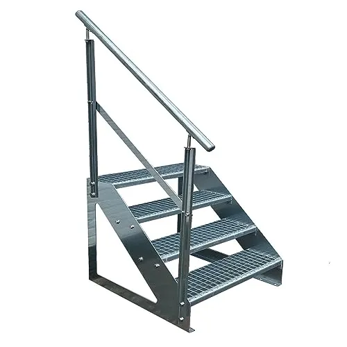 Kaminbau Mierzwa Premium Treppe Freistehend 4 Stufen Geländer Links (Breite 1400 mm) (Höhe 76cm) Wetterfest Gitterroststufe Gartentreppe