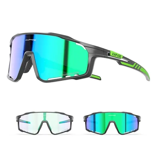 KAPVOE Fahrradbrille MTB Brille Selbsttönend Klar Radbrille Rennrad Sportbrille Sonnenbrille Radsport Laufen Golf Fahrerbrille Baseball Herren Damen Grün Schwarz 04