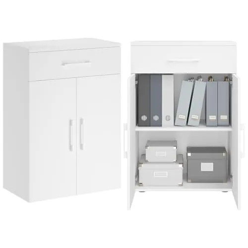 Bellamio Apol Mehrzweckschrank weiß – Büroschrank 60 cm breit – Aktenschrank aus Holz mit 1 Schublade & 2 Fächern – kleines Bücherregal für Flur/Büro/Wohnzimmer – Aufbewahrungsschrank 88 cm hoch