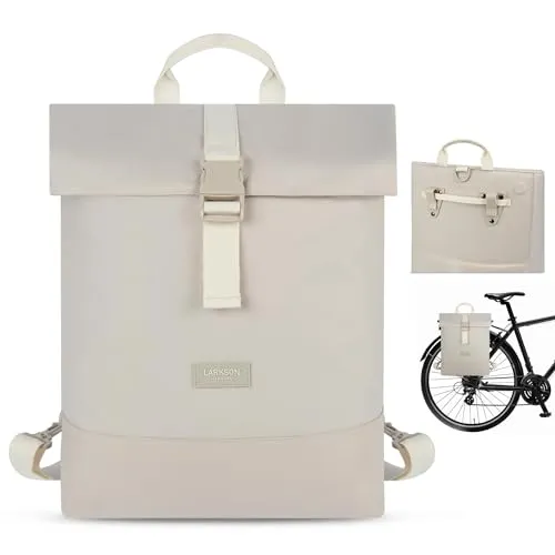 LARKSON Tammo Bike Fahrradtasche für Gepäckträger Damen Beige - Fahrradtasche 2-in-1: Rucksack & Gepäckträgertasche, wasserabweisend und stylisch – ideal für den Alltag und umweltfreundlich aus recycelten Materialien.