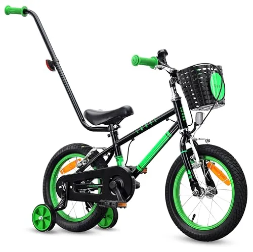 Kinderfahrrad Jungen 14 Zoll mit Stützrädern und Schubstange