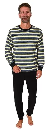 Normann Herren Frottee Schlafanzug Langarm - Bequemer Pyjama mit Ringel-Muster in Gelb, Größe 52 - Hochwertiger Herren Schlafanzug aus weichem Frottee, ideal für kalte Nächte. Das stilvolle Ringel-Muster sorgt für einen modischen Look, während die lockere Passform höchsten Komfort bietet. Maschinenwaschbar und pflegeleicht.