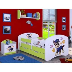 1x Happy Babies Kinderbett mit Rausfallschutz Junge 140x70 Bett für Kinderzimmer mit Schublade Matratze Einzelbett für Kinder Weiß Grün Hundemotiv - Grün