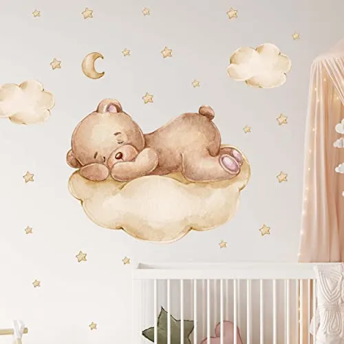 WANDKIND Bär auf der Wolke Wandtattoo Kinderzimmer V346 | handgezeichnet | AUFKLEBER Kindergarten | Wandsticker Teddybär mit Sterne Teddy BRAUN (50 x 50 cm)