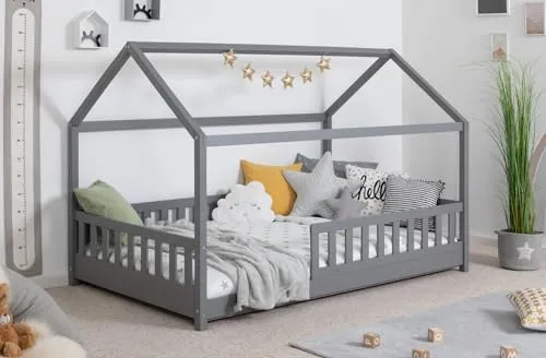 TiCAA Kinderbett Hausbett Kay 90x200 cm – 140x200 cm - Kleinkindbett aus massivem Kiefernholz mit höhenverstellbarem Rausfallschutz für Sicherheit und einfachen Ein- und Ausstieg. In drei Farben und fünf Größen erhältlich.