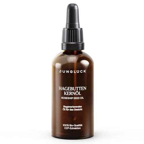 JUNGLÜCK BIO Hagebuttenkernöl - Vegan - Tagespflege mit 100% reinem, kaltgepresstem Hagebuttenöl, ideal zur Beruhigung gereizter und sensibler Haut. Unterstützt die Zellerneuerung und stärkt die Hautbarriere.