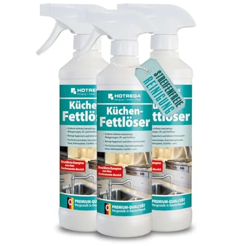 HOTREGA Küchen Fettlöser (3x 500ml) - Effektiver Herdreiniger - Küchenreiniger, der hartnäckige Fett- und Ölablagerungen mühelos entfernt. Ideal für Dunstabzugshaube, Herd und mehr - für eine hygienische Küchenreinigung.