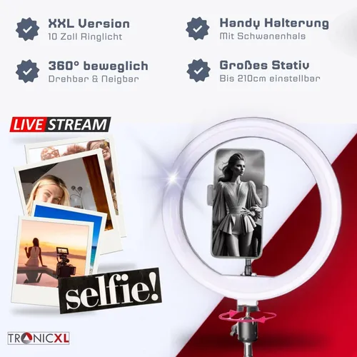 TRONICXL 10 Zoll Ringlicht mit Stativ und Smartphone Halterung - Handy-Gadgets für perfekte Ausleuchtung von Selfies und Videos. Flexibel einstellbares Licht und Stativhöhe für kreative Aufnahmen!