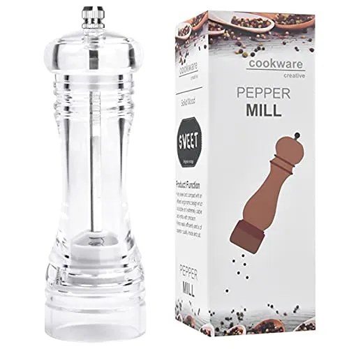 Pinsheng Pfeffermühle aus Acryl, Clear Acryl Manuelle Salz und Pfeffermühle mit Einstellbarer Grobheit, Klare Pfeffermühle für Gewürze Pfeffer Salz und Chili, 16.7CM