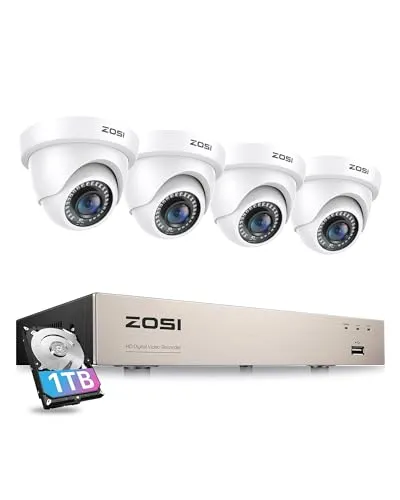 ZOSI Full HD 1080P Außen Video Überwachungssystem 8CH H.265+ DVR mit 1TB Festplatte und 4X 2MP 1080P Dome Überwachungskamera Set 24m IR Nachtsicht