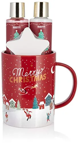 BRUBAKER Cosmetics Bade- und Dusch Set Winter Beeren Duft - 4-teiliges Geschenkset in großer Weihnachtstasse - Weihnachtsset für Frauen und Männer