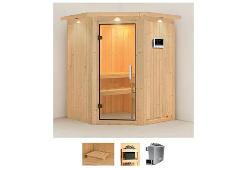 Karibu Sauna Larin, 165 x 165 x 202 cm, 9 KW Ofen mit externer Steuerung - Genießen Sie entspannende Momente in Ihrer eigenen Sauna. Diese hochwertige Sauna bietet Ihnen die Möglichkeit, jederzeit in die wohltuende Wärme einzutauchen und die Erholung ganz nach Ihren Wünschen zu gestalten.