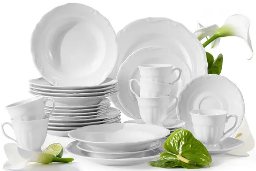 KONSIMO® Kombiservice CHODZIEZ MARIA TERESA - 30-tlg. Kaffeeservice aus hochwertigem, handgefertigtem Porzellan für 6 Personen, spülmaschinen- und mikrowellengeeignet, mit eleganten Verzierungen in Weiß.