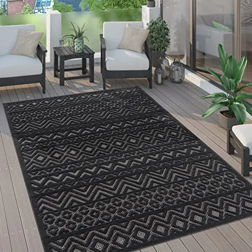 Paco Home Outdoor Teppich wetterfest & langlebig Moderne Boho-Designs mit 3D-Effekt Skandi-Look UV-beständig & robust für Balkon, Garten, Wohnzimmer & Küche, Grösse:200 cm Rund, Farbe:Anthrazit