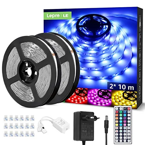LE LED Strip 20M(2x10M), RGB LED Streifen Band, 5050 SMD 600 LEDs Stripes, 12V, Selbstklebend Lichtband mit 44 Tasten Fernbedienung, Flexibel LED Leiste, LED Lichterkette IP20 für Haus,Party,Bar,TV