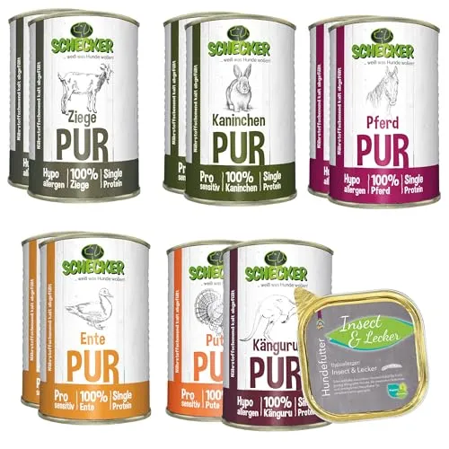 Schecker Nassfutter Probierpaket 11 x PUR - Sensitiv - Vielseitiges Nassfutter für Hunde, bestehend aus 10 x 410g und 1 x 200g Dosen. Hochwertige Fleischsorten ohne unnötige Zusatzstoffe, ideal für die ausgewogene Ernährung Ihres Hundes.