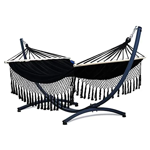 Potenza Outdoor Hängematte mit Gestell für 2 Personen I Stabhängematte XXL 220x160, 200kg I Hängemattengestell 220kg Wetterfest (Santia-Schwarz, Basic Gestell Graphit)