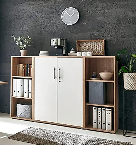 Abschließbare Schrankwand Büro Office Edition Set 2 - Eiche Sonoma/Weiß Hochglanz - Aktenschränke, Made in Germany, modernes Design mit abschließbaren Fächern für maximale Sicherheit und Ordnung im Büro.