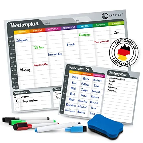 CREATEST Magnetischer Wochenplaner | Abwischbare Familien-Tafel | Großes Magnetboard [40x30cm] inkl. Speiseplan | Haushaltsorganisation für Kühlschrank | Mit 4 Tafelstiften & Abwischschwamm