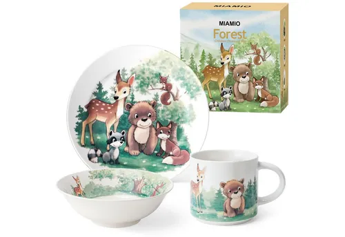 MiaMio Kindergeschirr-Set 3-teilig - Wald-Motiv - Hochwertiges 3-teiliges Kindergeschirr-Set aus spülmaschinen- und mikrowellenfestem Porzellan. Ideal für kleine Entdecker mit einem zauberhaften Wald-Motiv.
