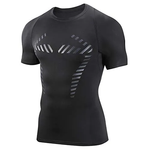 AMZSPORT Herren Kompressionsshirt Kurzarm Funktionsshirt Atmungsaktives Sportshirt Laufshirt，Schwarz XL
